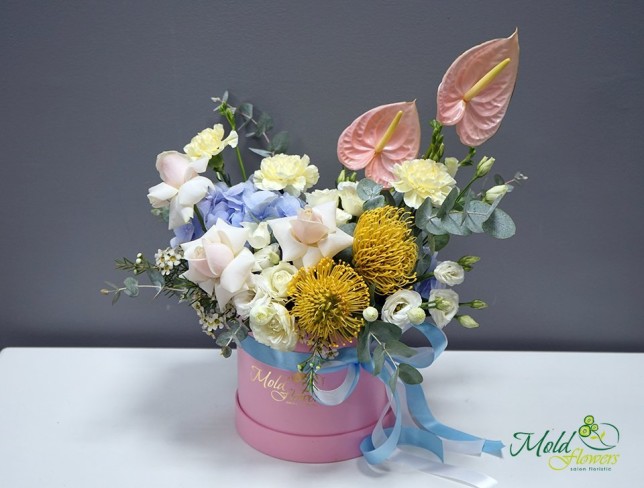 Box with hydrangea, roses, eustoma, and anthurium photo